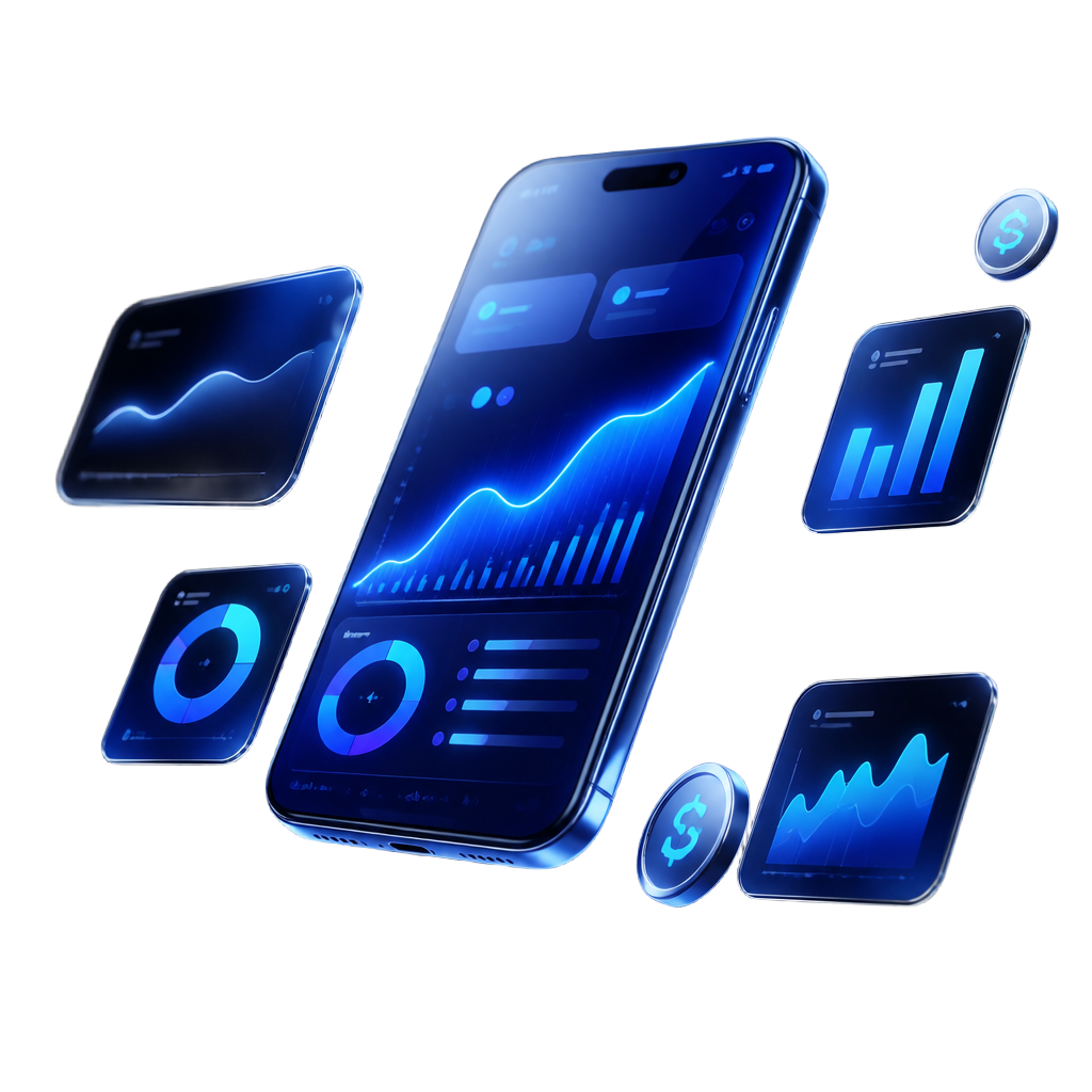 Techno earnings dashboard floating on a glass smartphone